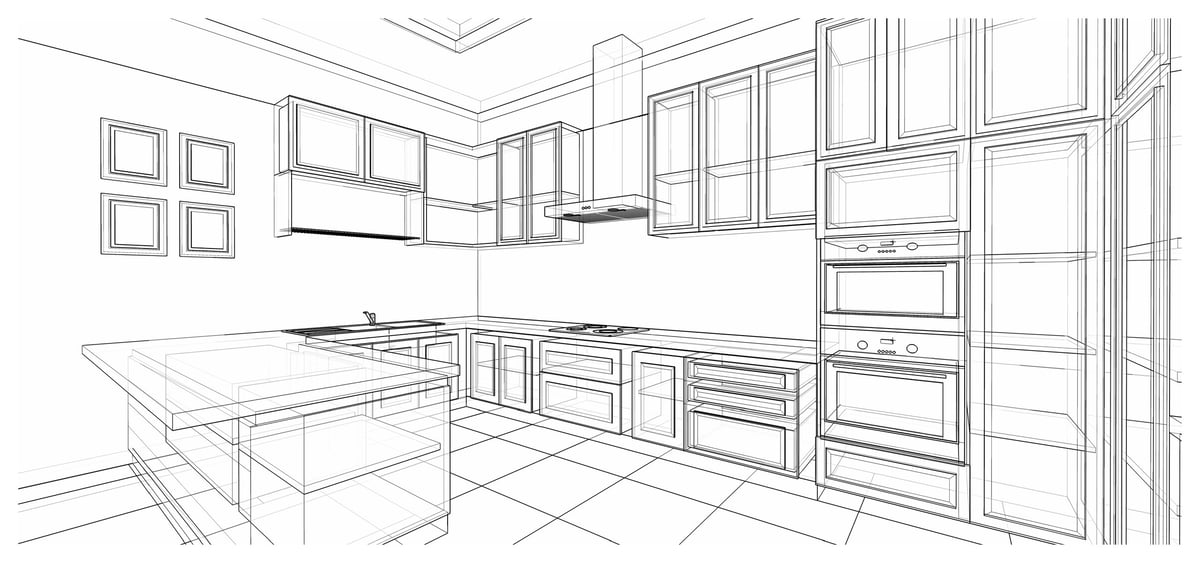 Interior design of classic style kitchen with modern appliance, 3D wire frame sketch, perspective showing cabinets island counters