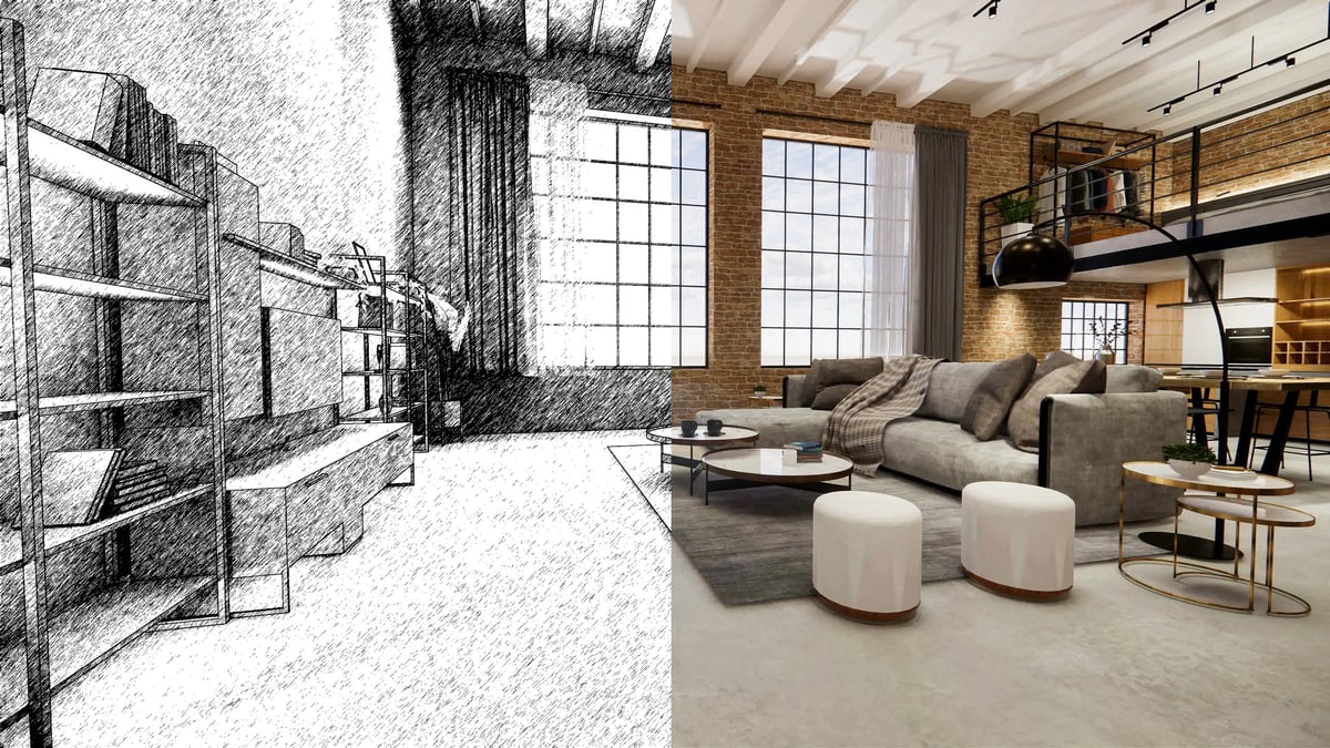 3d rendering. Interior house modern open living space with kitchen. Loft style Duplex apartment residence. Home decoration luxury interior design.