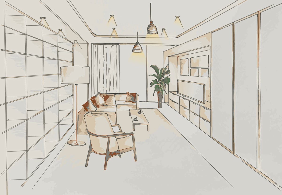 Interior perspective sketch design of modern living room. Drawings and plans for house decoration.