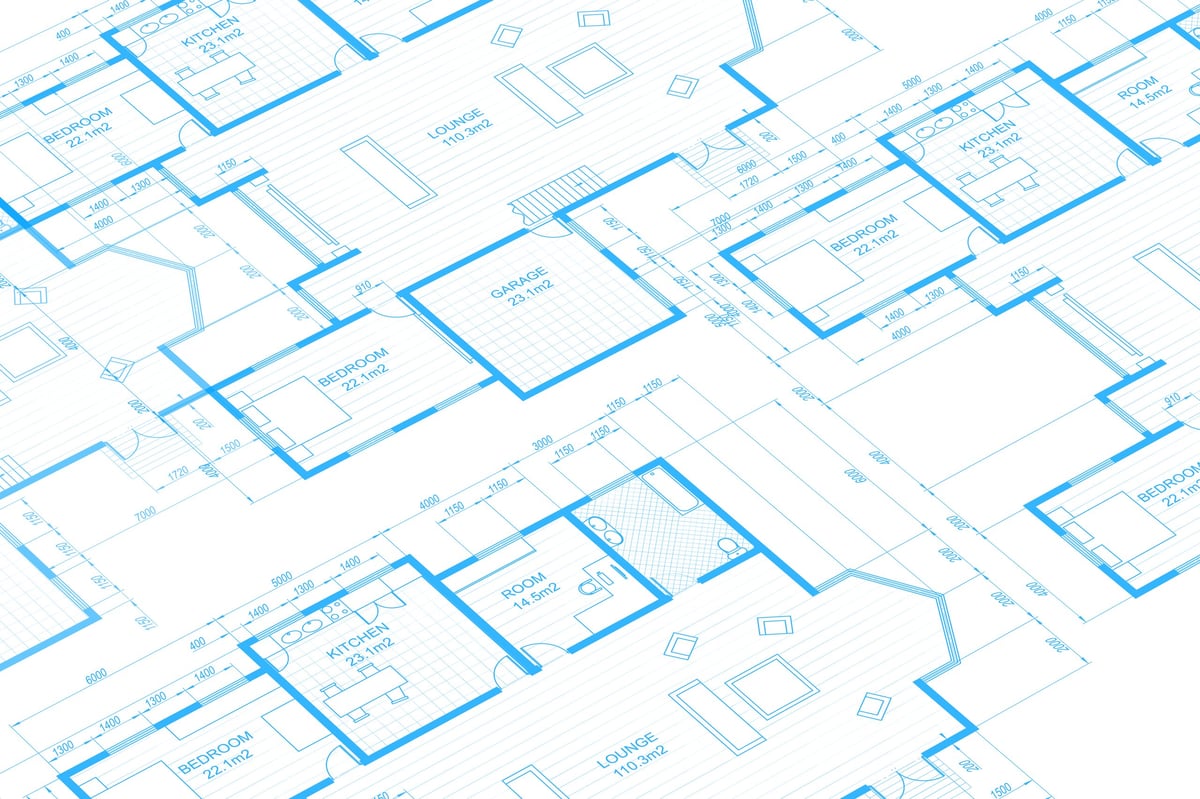 Architecture blueprint showing bedroom floor plan layout with bed, closet, windows and room dimensions