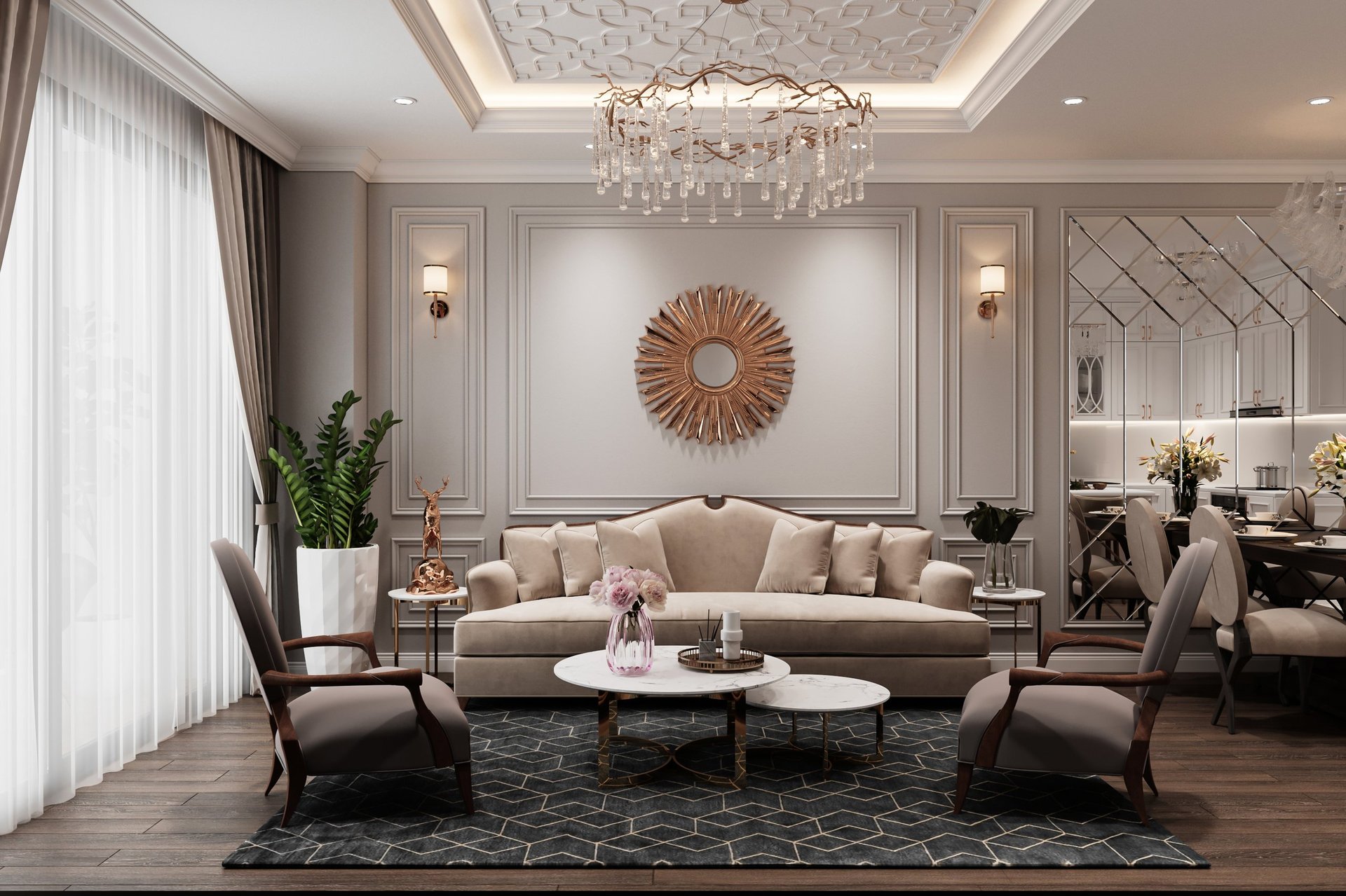 A quiet luxury living room interior with glamour and traditional furniture