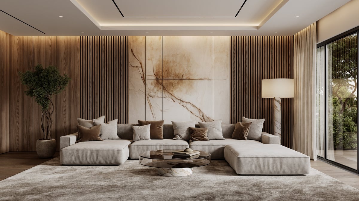 Contemporary interior with sofa, brown wood wall panels, plants, floor lamp, carpet, coffee table and decor.