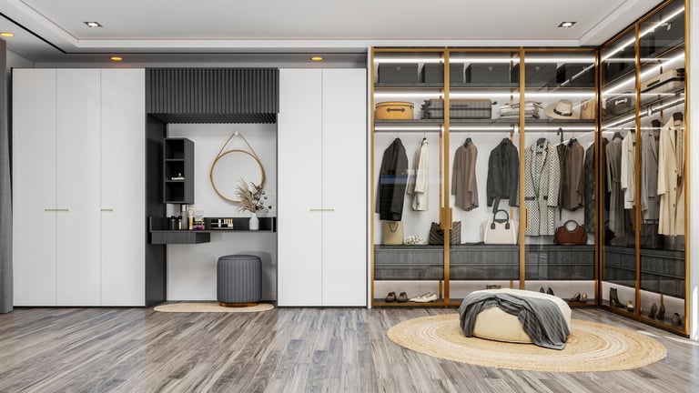 Modern Luxury Walk-In Closet Interior with Wardrobe and Dressing Table, 3D Rendering