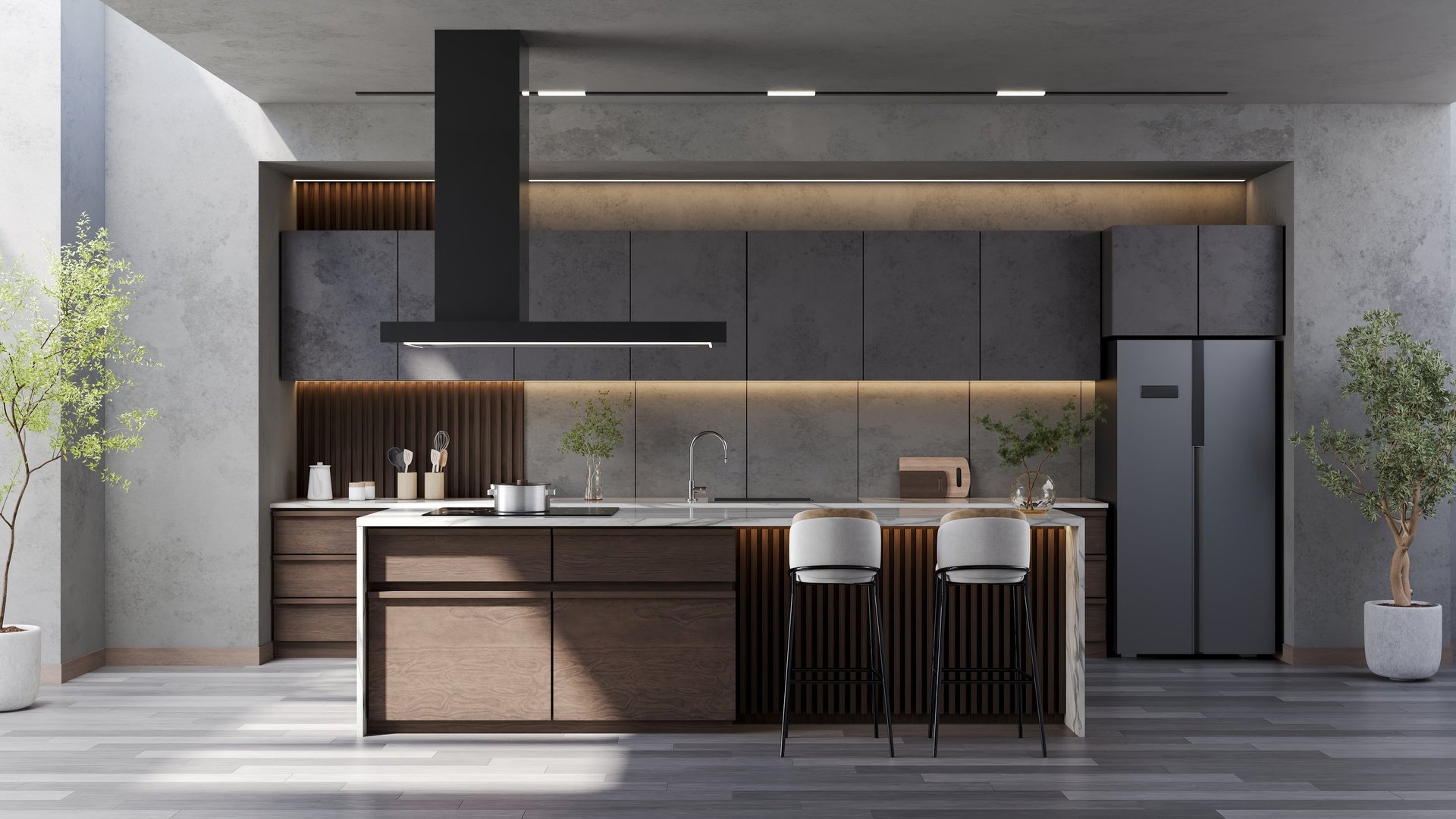 Modern luxury kitchen with marble island and warm lighting