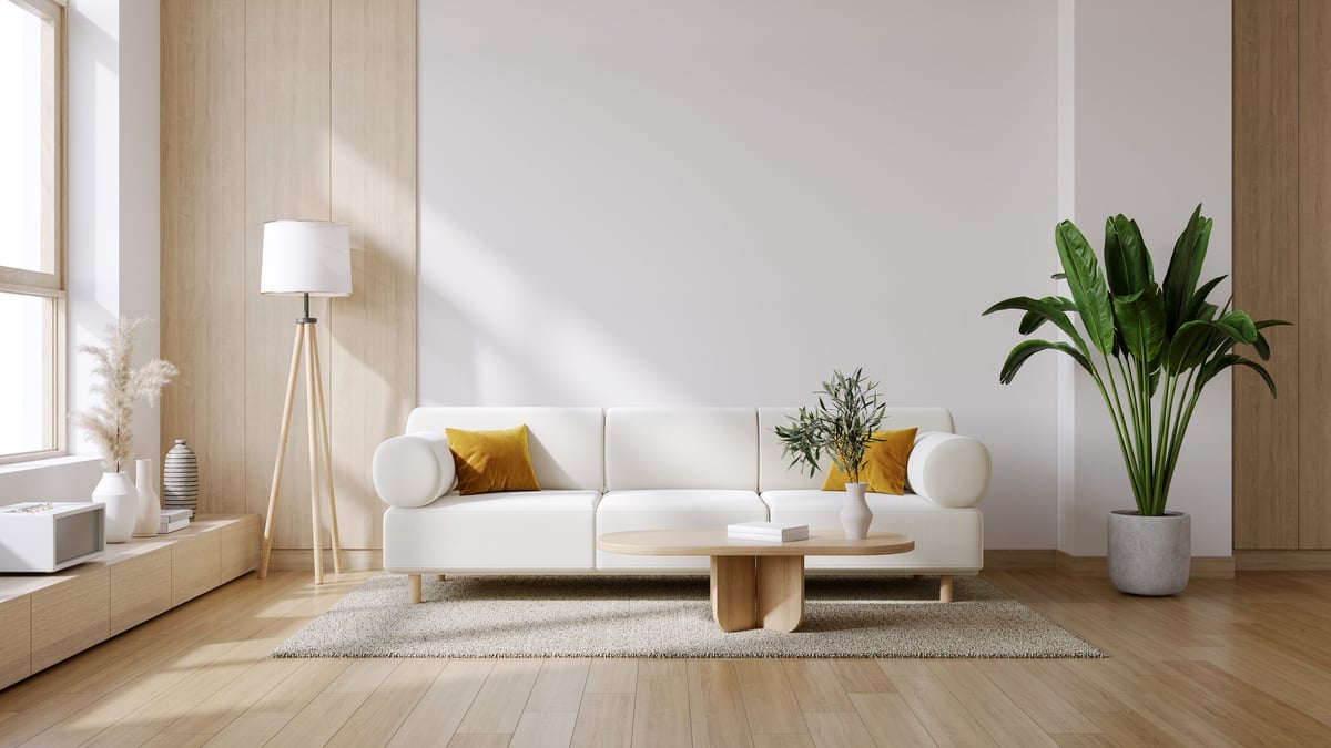 Modern mid-century interior living room with white sofa and wooden coffee table on white wall