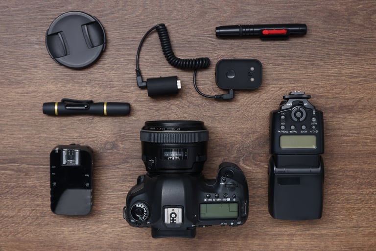 Professional photographer's equipment on wooden table, flat lay
