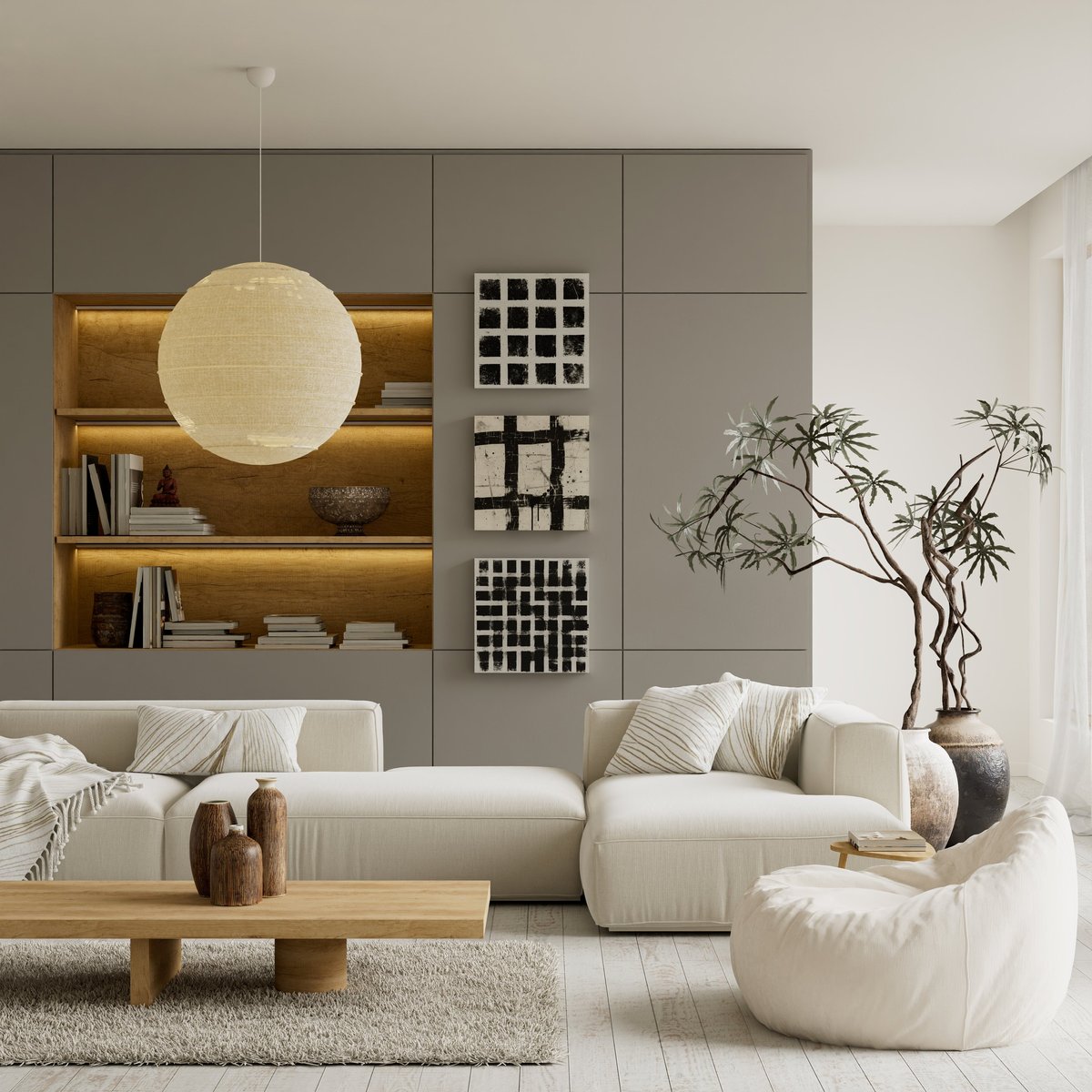 Contemporary minimalist living room interior designed with refined furniture, soft daylight and neutral tones for calm, modern and elegant spaces