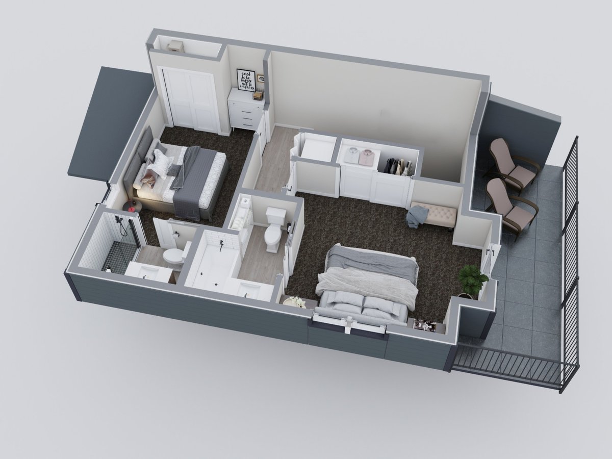 This image showcases a modern open-plan living space featuring a kitchen, dining area, and lounge. The design includes a staircase, contemporary furniture, and a neutral color palette, creating a spacious and inviting atmosphere.
