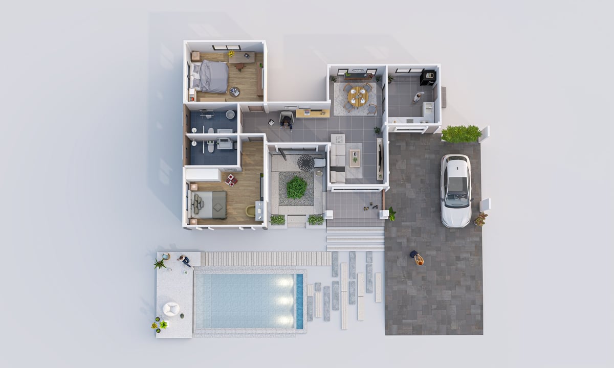Top view 3D rendering of a modern single-story house floor plan featuring interior furniture layout, central courtyard, and an outdoor swimming pool.