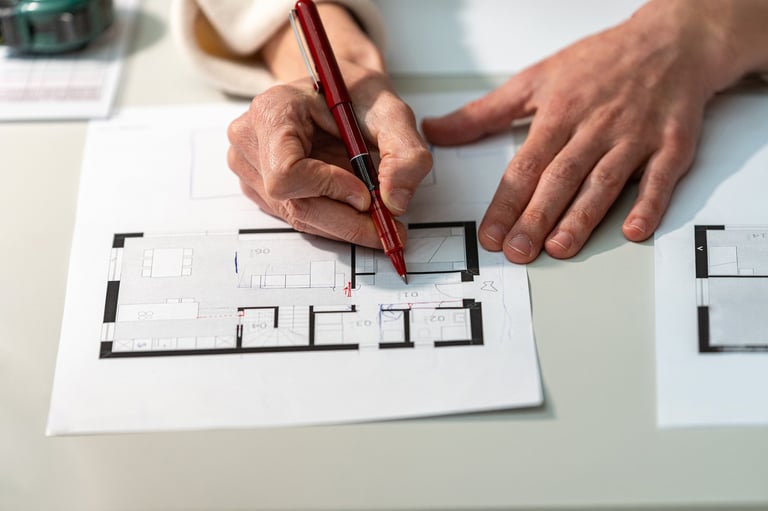 Architect hands detailing and refining a construction floor plan blueprint with a red pen, planning new rooms and design specifications for a modern house project