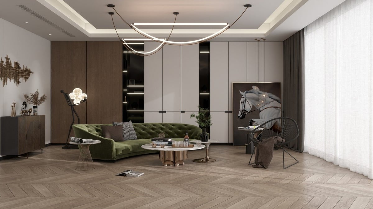 Modern living room with green sofa, white built-in wardrobes, pendant lighting, and contemporary furnishings in neutral tones