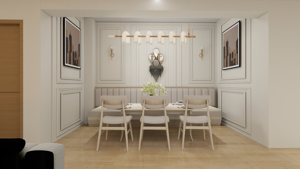Modern dining room with cream-colored built-in booth seating, wooden table, upholstered chairs, and contemporary lighting fixture
