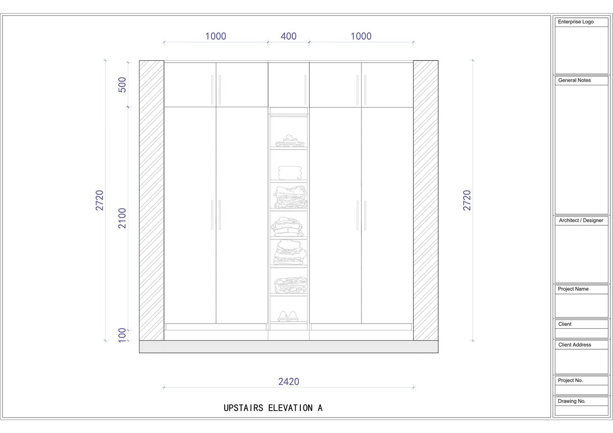Architectural elevation drawing showing upstairs layout with dimensions, wall divisions, and door placements for a residential or commercial space design