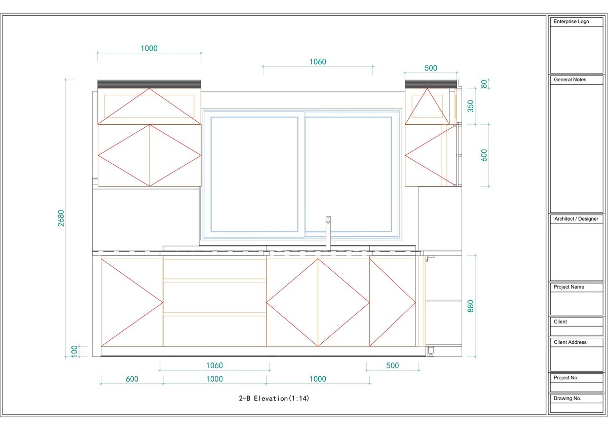 Architectural floor plan drawing showing 2-8 elevation with room layouts, measurements, and cross-hatch patterns indicating windows and structural elements