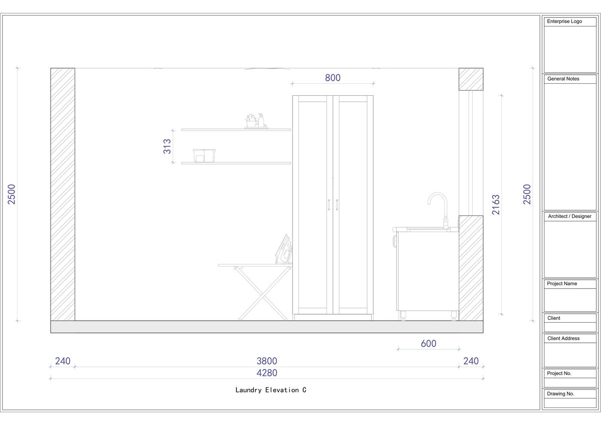 Architectural floor plan elevation drawing of a laundry room layout with measurements and fixtures