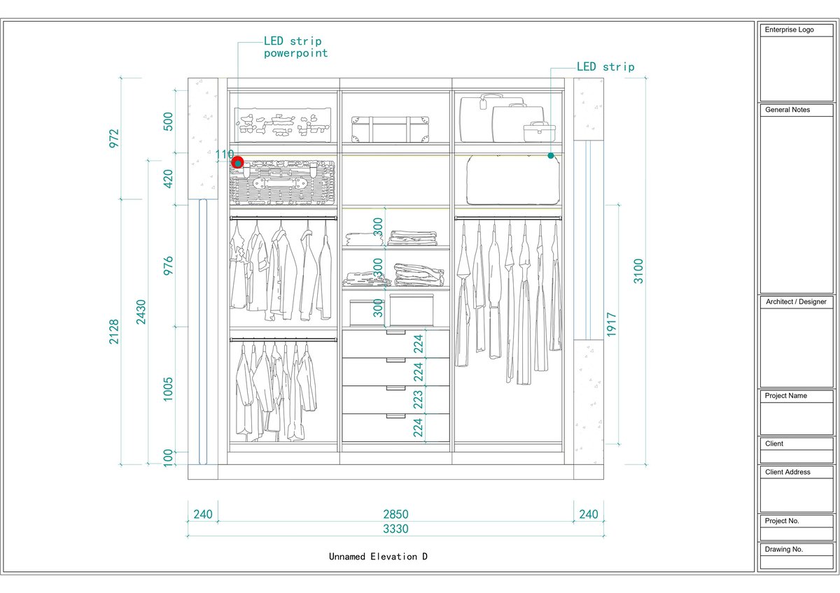 Architectural floor plan of a modern wardrobe closet showing LED lighting, clothing storage, shelving, and dimensions labeled in centimeters
