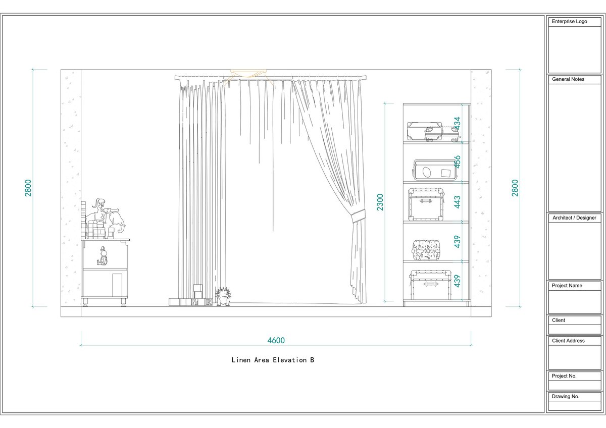 Architectural floor plan elevation showing living room design with curtains, furniture layout, and interior details at 4600mm width