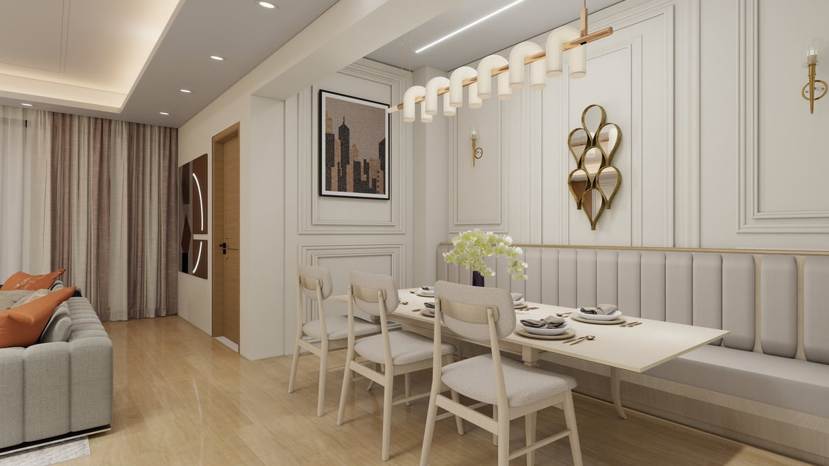 Modern dining room with white walls, wooden table, beige chairs, banquette seating, and pendant lighting overhead