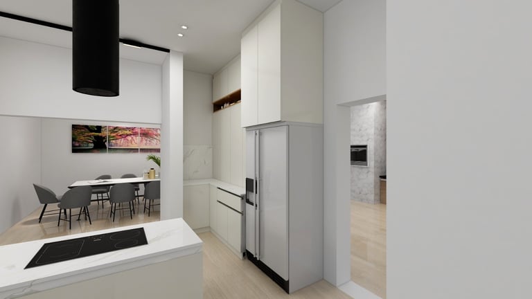 Modern kitchen with white cabinetry, stainless steel refrigerator, black pendant light, and dining area in open floor plan