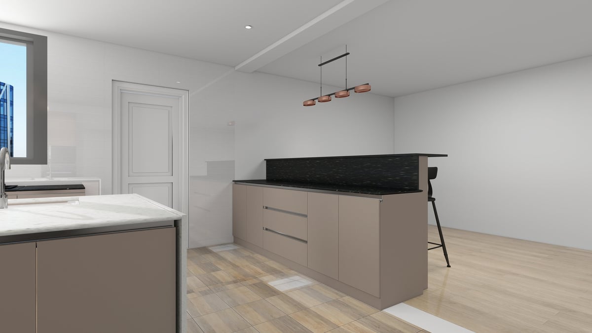 Modern kitchen interior with beige cabinetry, white walls, wooden flooring, and a black countertop with minimalist pendant lighting.