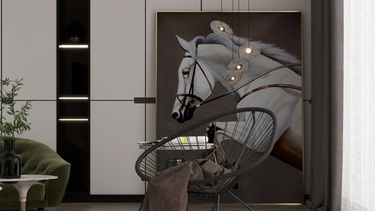 Modern interior with large mural of a horse head above a wireframe chair, minimalist decor with green accent