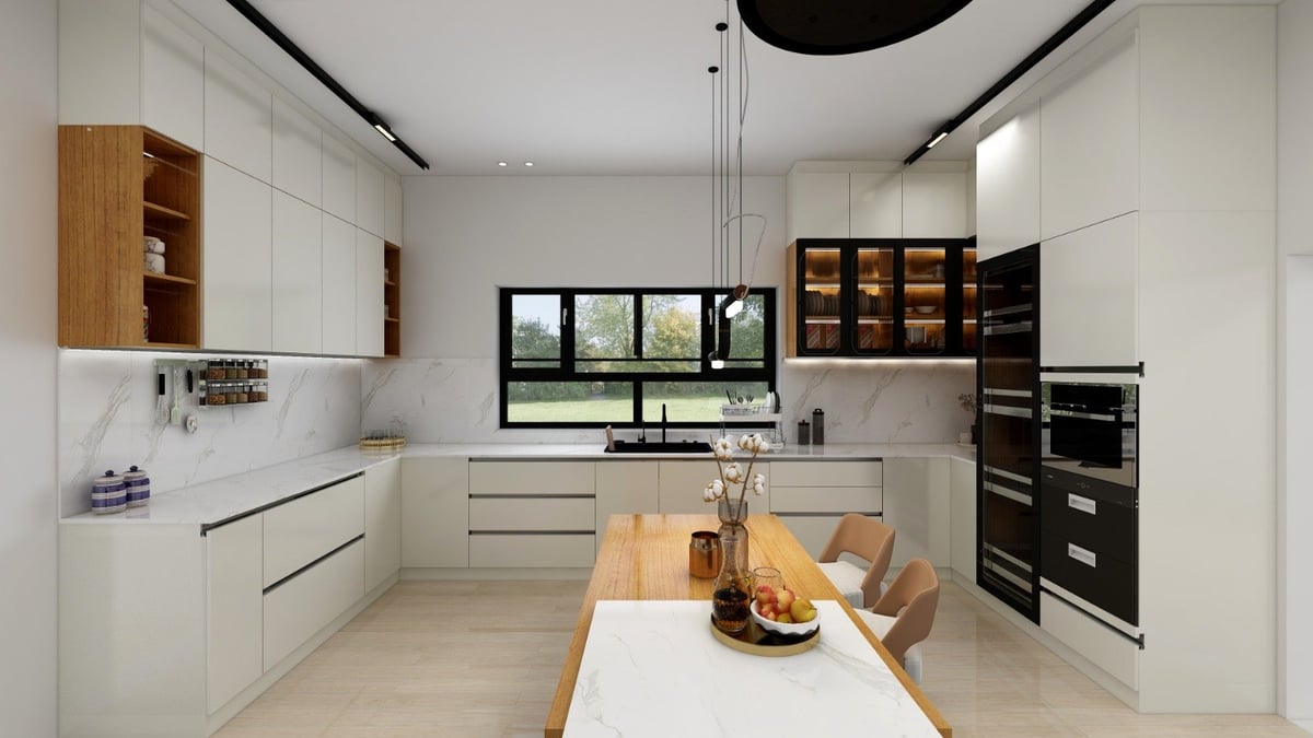 Modern white kitchen with wooden accents, central island, stainless steel appliances, and natural light from large window