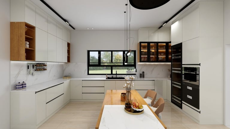 Modern white kitchen with wooden accents, central island, stainless steel appliances, and natural light from large window