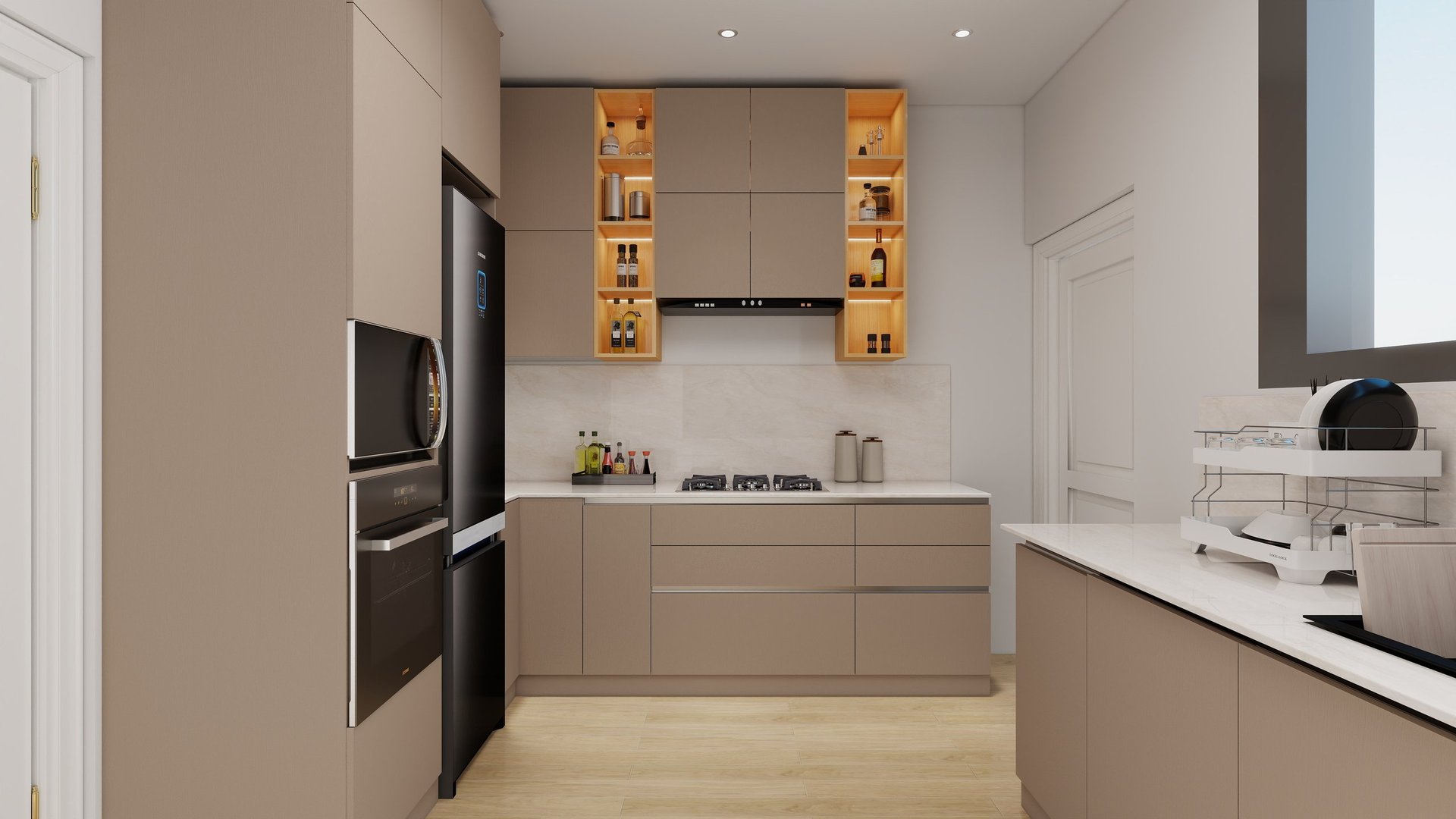 Modern beige kitchen with wooden open shelving, built-in black appliances, gas cooktop, and light wood flooring