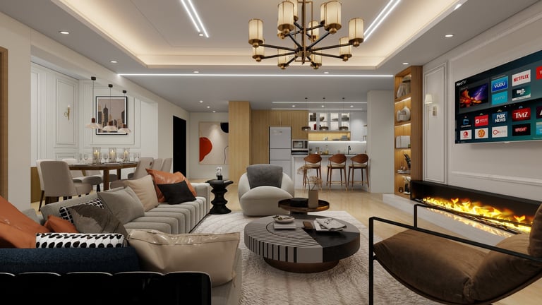 Modern luxury living room with cream furnishings, fireplace, gold chandelier, and open kitchen visible in background