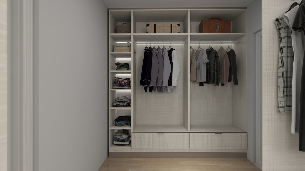 Modern white walk-in closet with organized shelving, hanging rods displaying clothes, and storage compartments