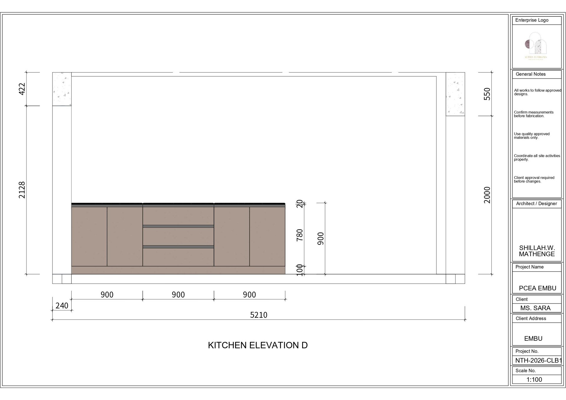 Architectural blueprint of kitchen elevation D showing cabinet layout with dimensions and specifications on engineering drawing
