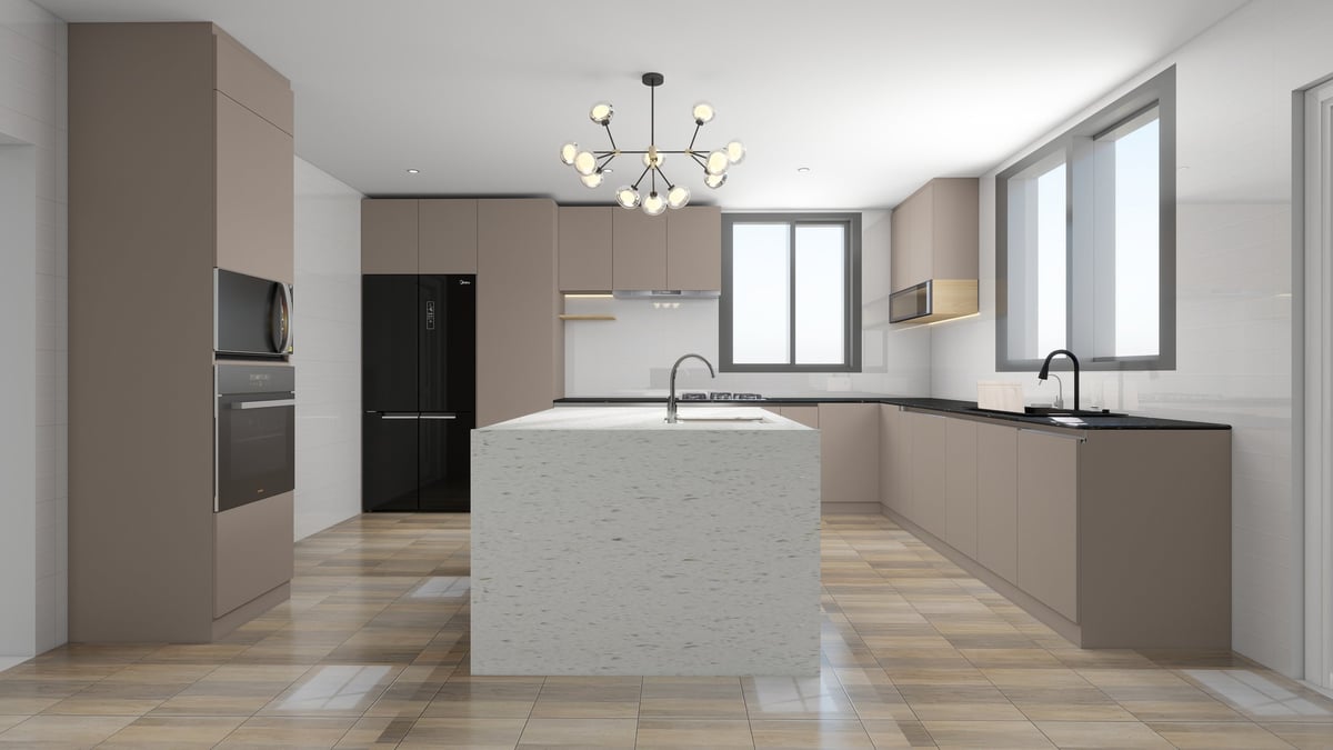 Modern kitchen with light wood cabinetry, white marble island, stainless steel appliances, and pendant lighting