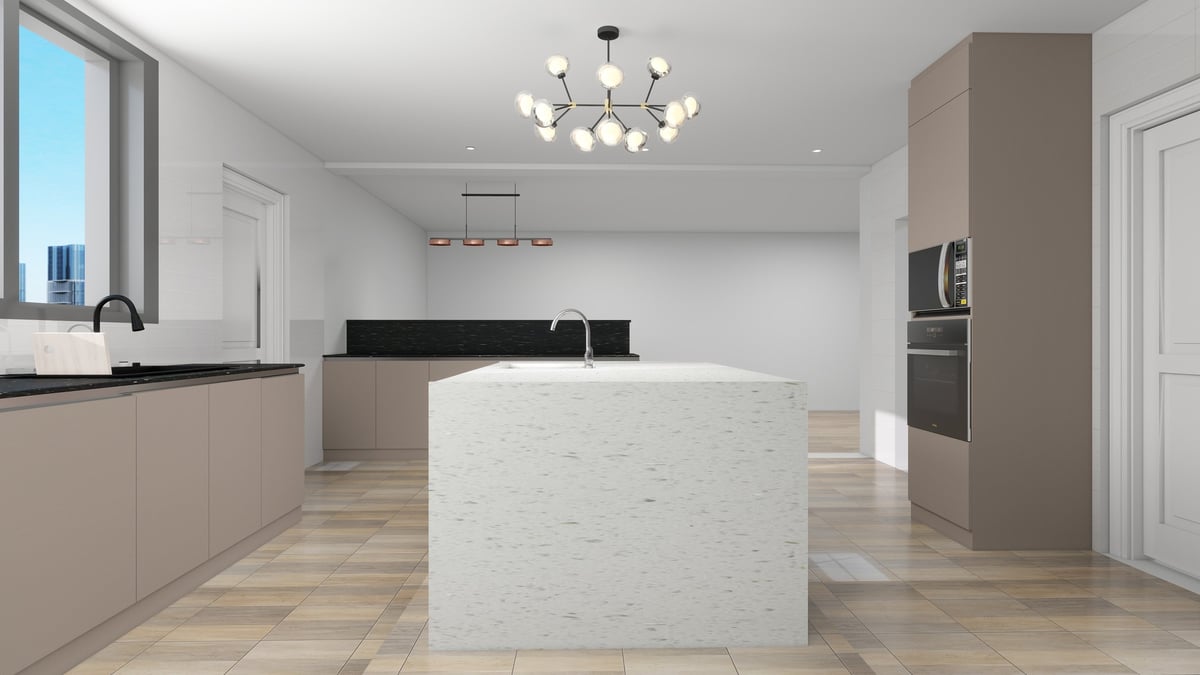 Modern kitchen interior with white marble island, beige cabinetry, stainless steel appliances, and wooden flooring