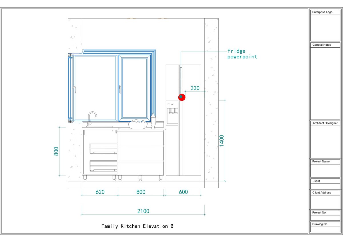 Architectural elevation drawing of a family kitchen showing cabinets, window, and fridge with labeled dimensions in millimeters