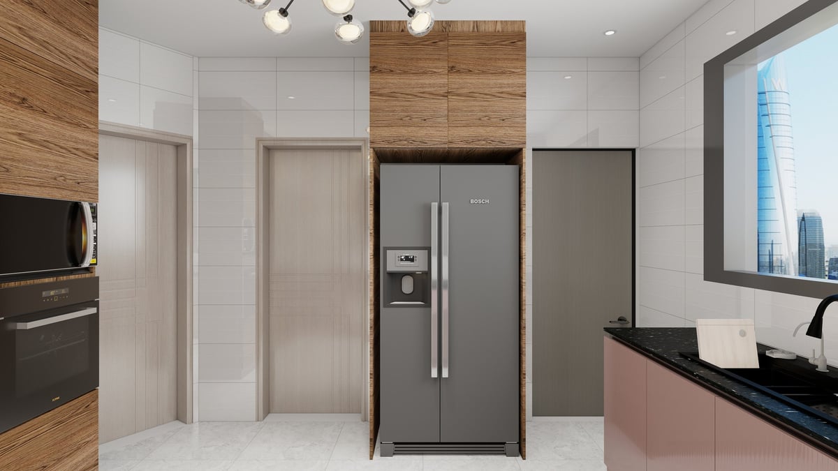 Modern kitchen interior with stainless steel appliances, white and wood cabinetry, and contemporary fixtures