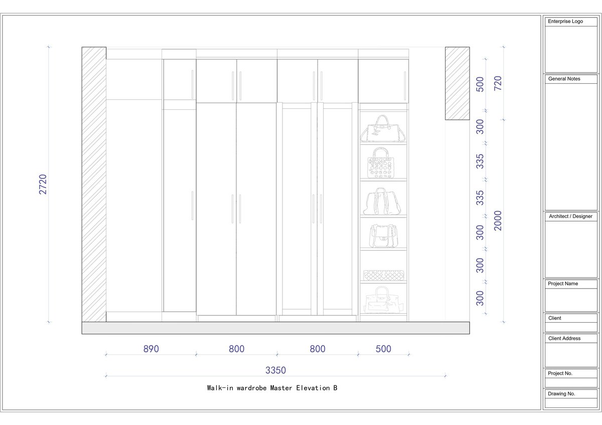 Architectural section drawing showing room elevation with grid layout, dimensions, and detail callouts on the right side
