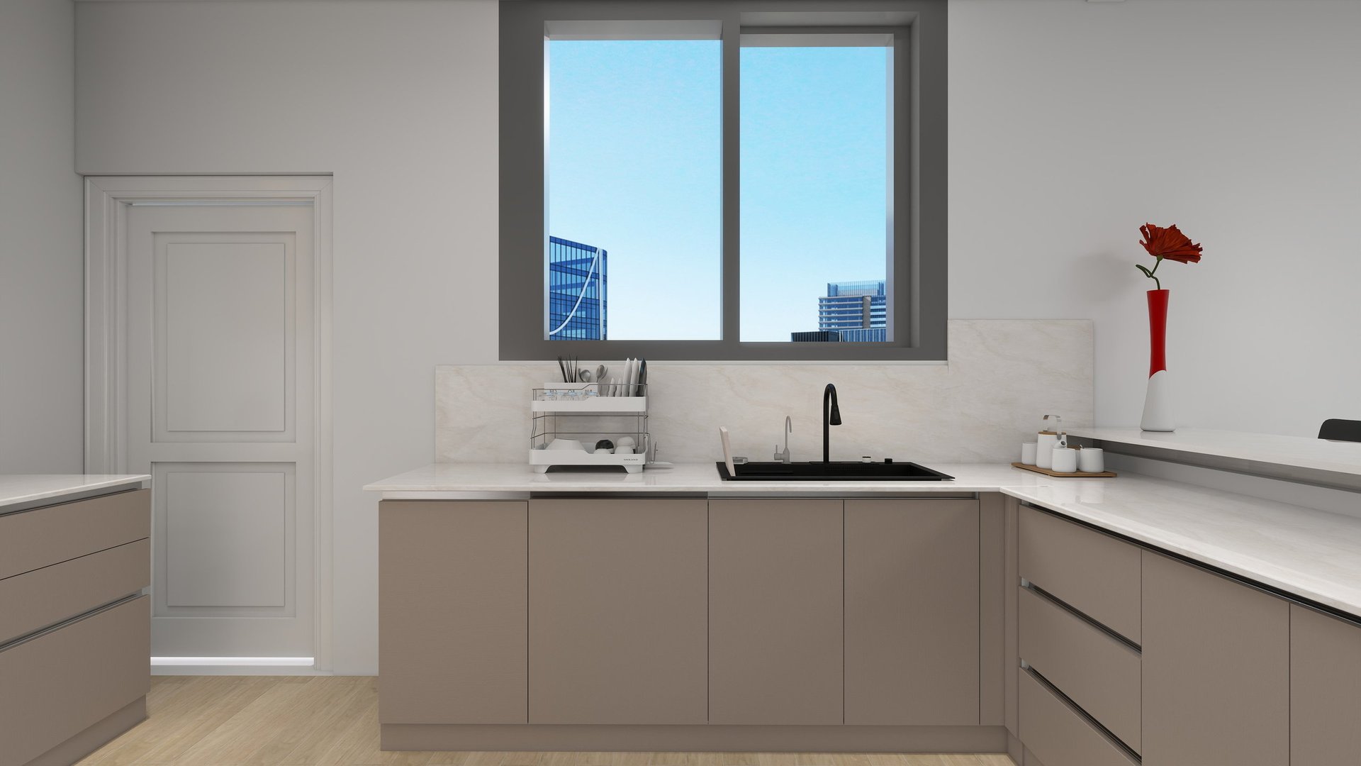 Modern kitchen with taupe cabinets, white countertops, undermount sink, and window with city skyline view
