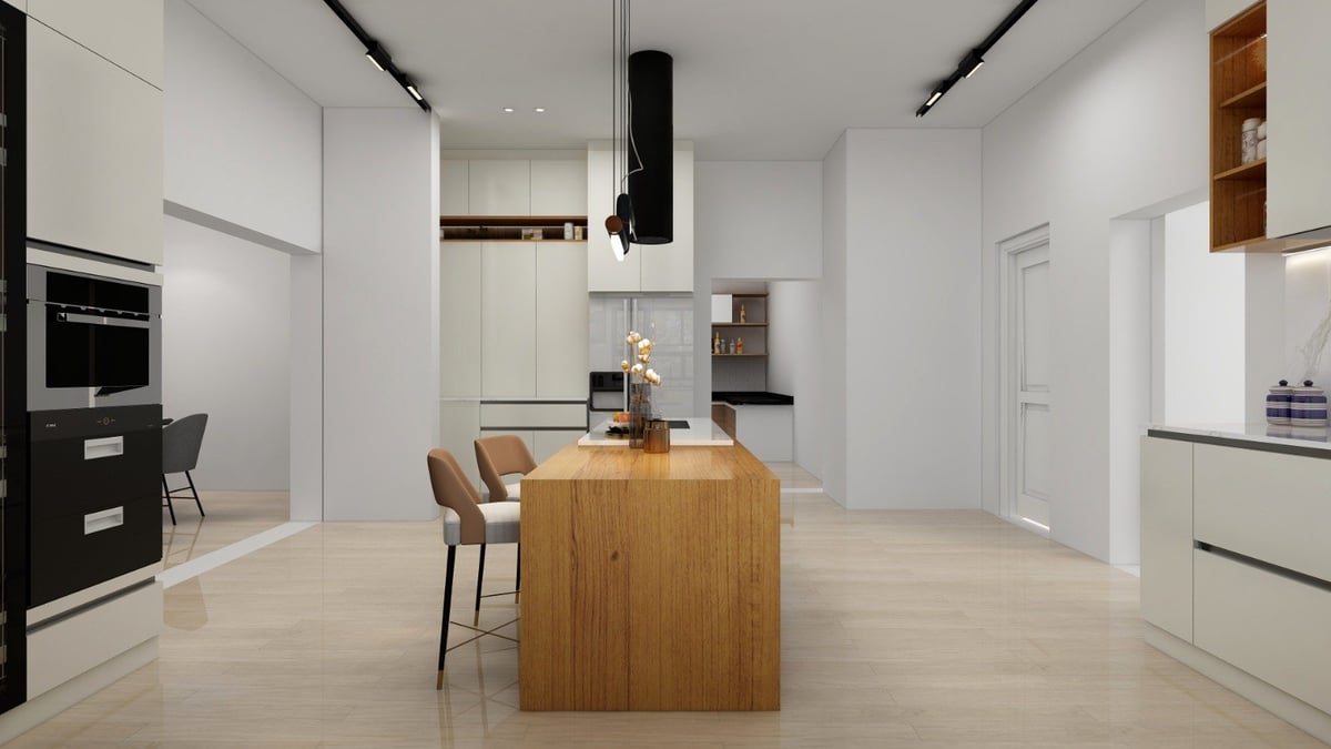 Modern kitchen with wooden island, white cabinetry, integrated appliances, and minimalist design