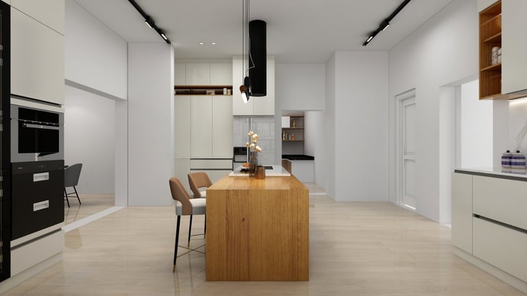 Modern kitchen with wooden island, white cabinetry, integrated appliances, and minimalist design