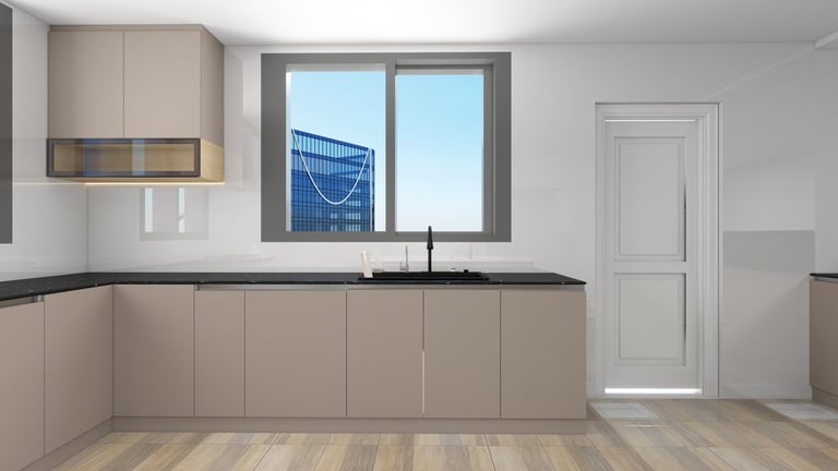 Modern beige kitchen with dark countertop, sink, upper cabinets, and large window overlooking city buildings