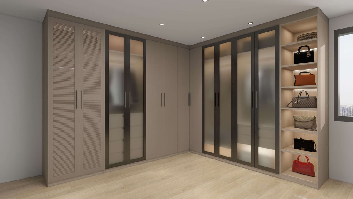 Modern bedroom wardrobe with mirrored sliding doors, open shelving displaying accessories and bags, and recessed ceiling lights