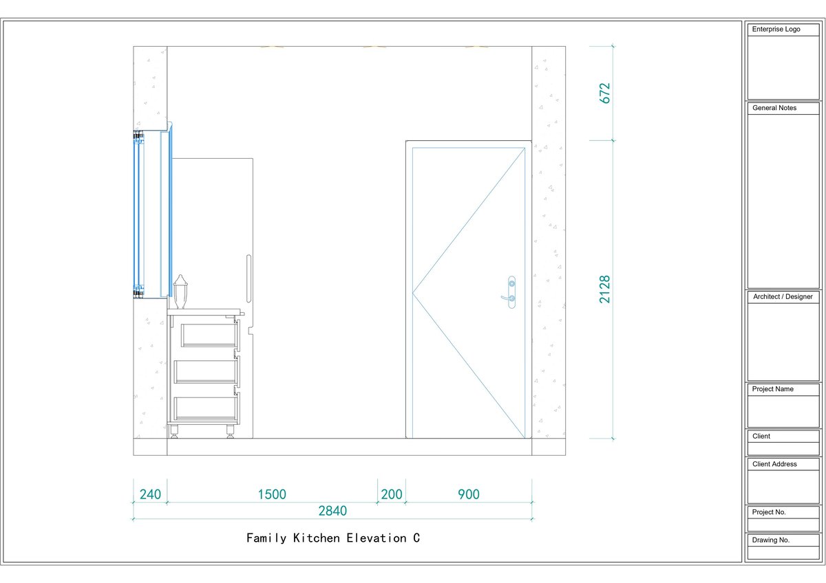 Family Kitchen Elevation C architectural drawing with cabinet and appliance dimensions labeled in millimeters