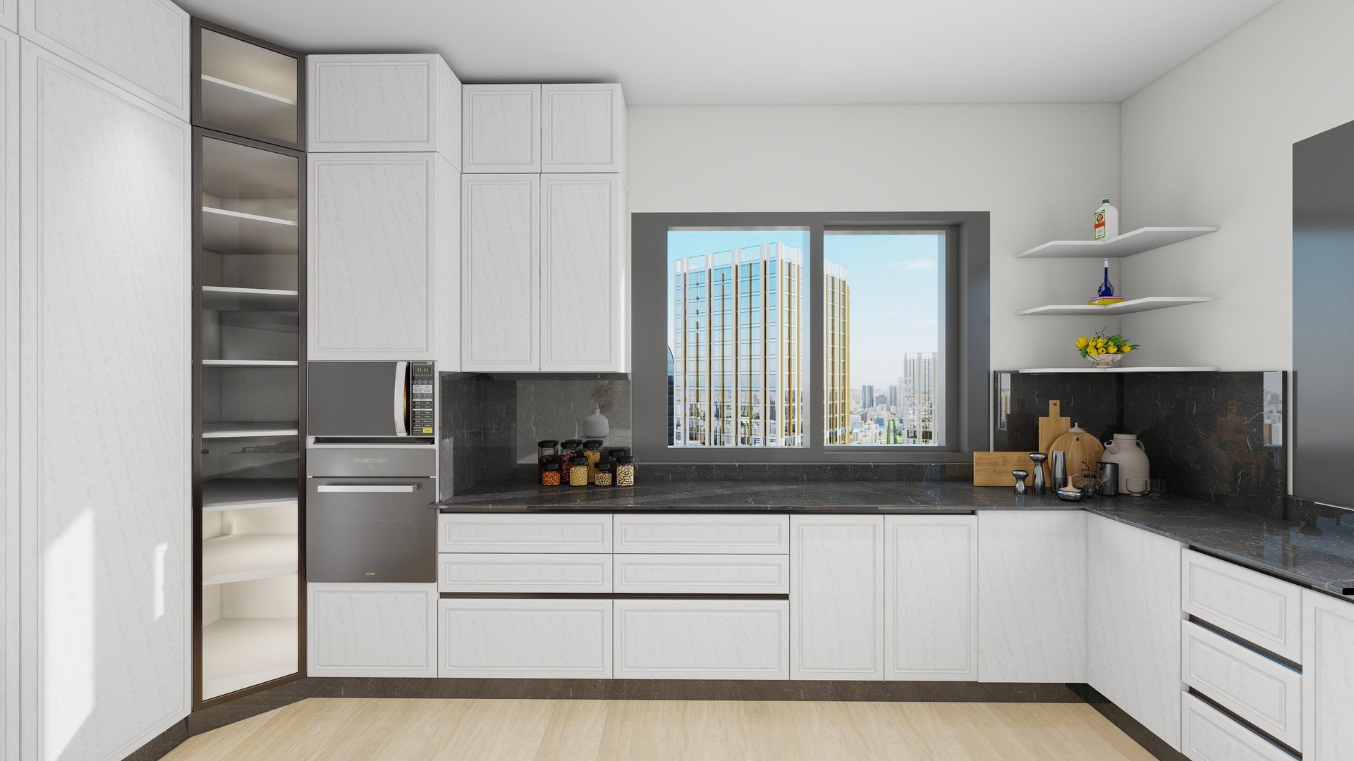 Modern kitchen interior with white and dark gray cabinetry, black countertops, and large window overlooking city skyline