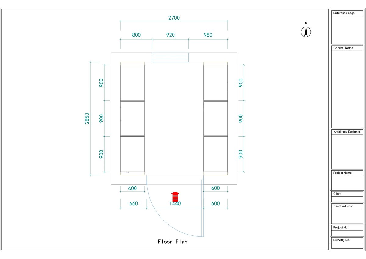 Floor plan showing a rectangular layout with interior partitions, dimensions labeled in millimeters, and a red location marker in the center