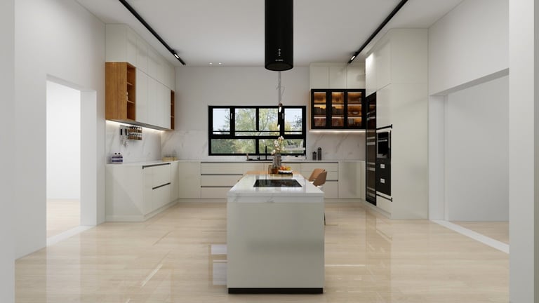 Modern kitchen with white cabinetry, central island, wooden accents, stainless steel appliances, and polished tile flooring