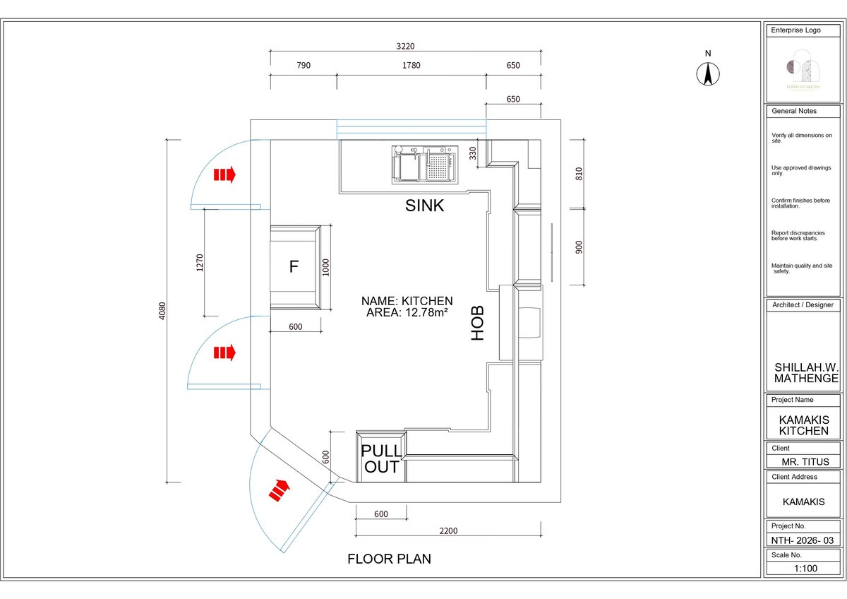 Architectural floor plan of a kitchen layout showing sink, refrigerator, stove, and pull-out pantry with measurements and dimensions labeled
