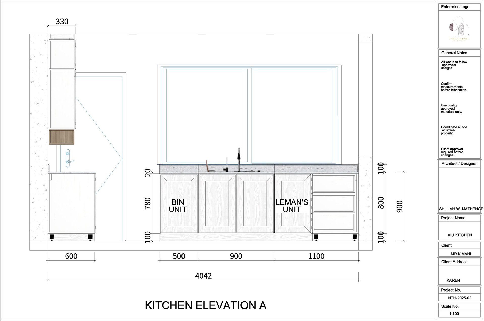 Kitchen elevation architectural drawing showing front view with appliances, counters, and measurements labeled.