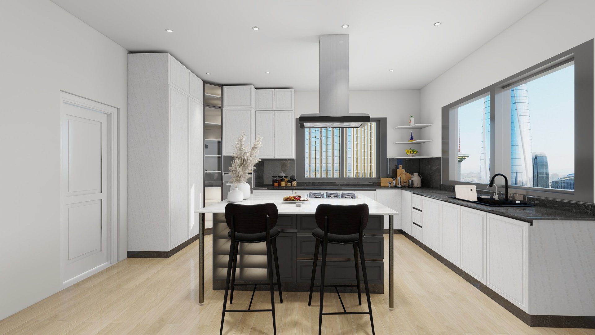 Modern kitchen and dining area with white cabinetry, black countertops, island with bar seating, and city view windows