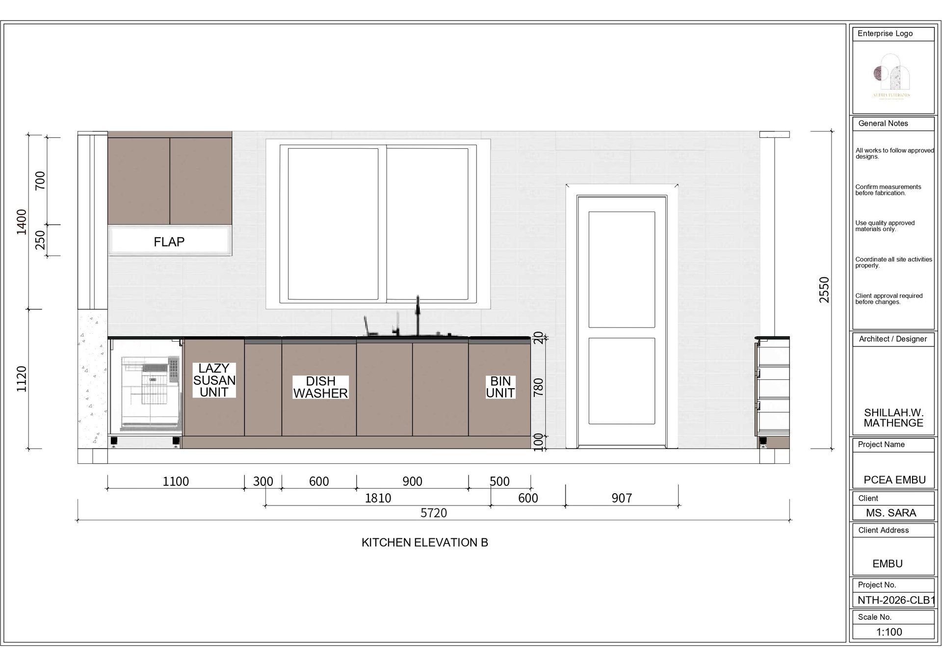 Kitchen elevation floor plan showing layout with appliances, cabinets, and measurements in architectural drawing style