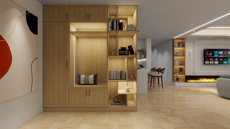 Modern living room with a large wooden storage unit featuring shelves and cabinets, integrated with minimalist furniture and ambient lighting
